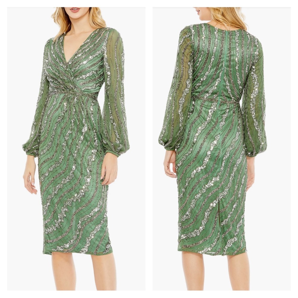 NEW Mac Duggal 5573 Sage beaded midi dress